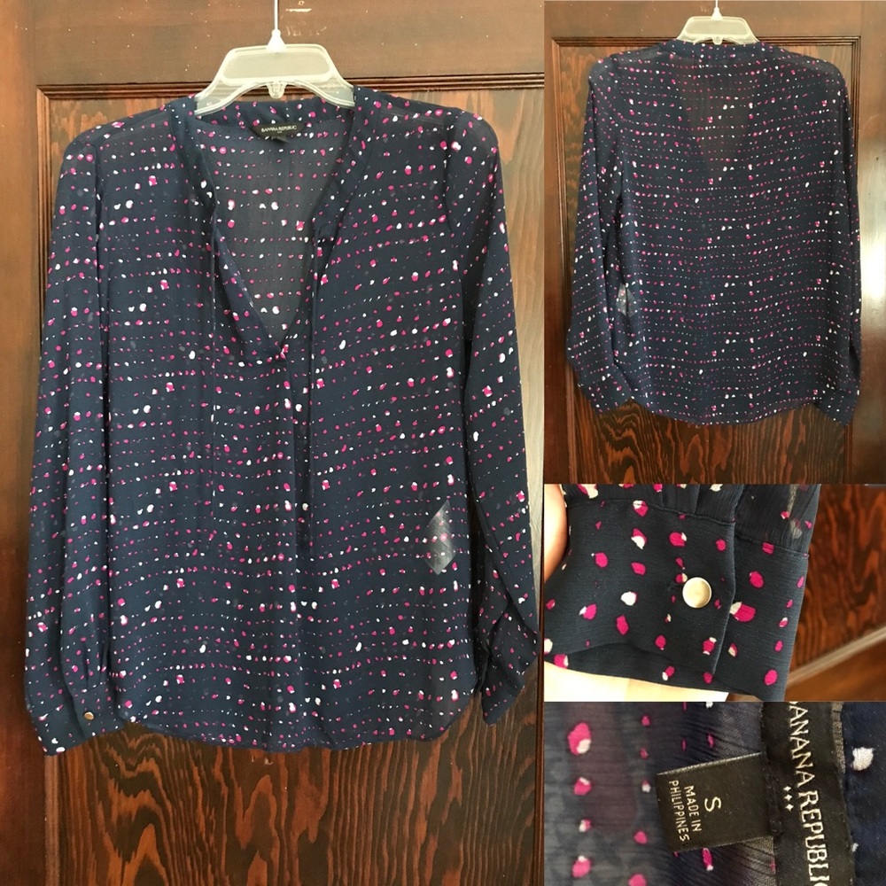 Navy blouse with pink and white pattern, sheer